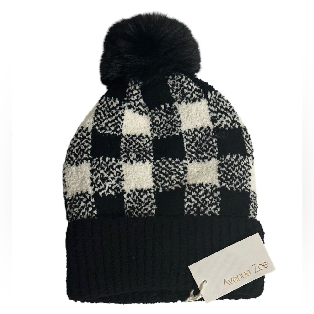 Knit Buffalo Plaid Print Beanie With Black Faux Fur Pom Pom